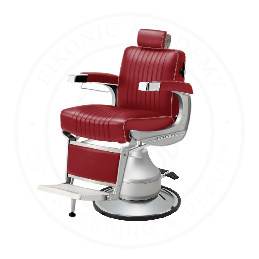 Takara Belmont Classic Barber Chair 225 with Motorized Electric Silver Base MES