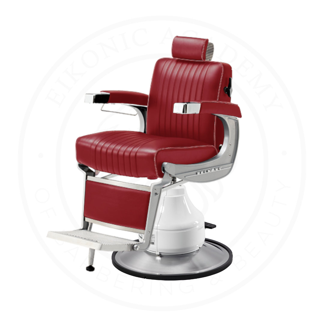 Takara Belmont Classic Barber Chair 225 with Motorized Electric White Base MEW