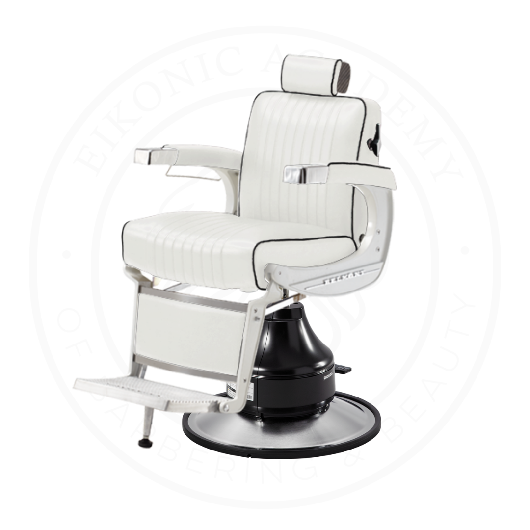 Takara Belmont Classic Elite White Barber Chair 225EW with Motorized Electric Black MEB Base