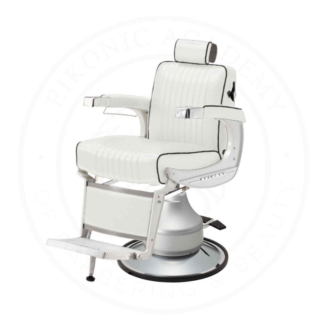 Takara Belmont Classic Elite White Barber Chair 225EW with Motorized Electric Silver MES Base