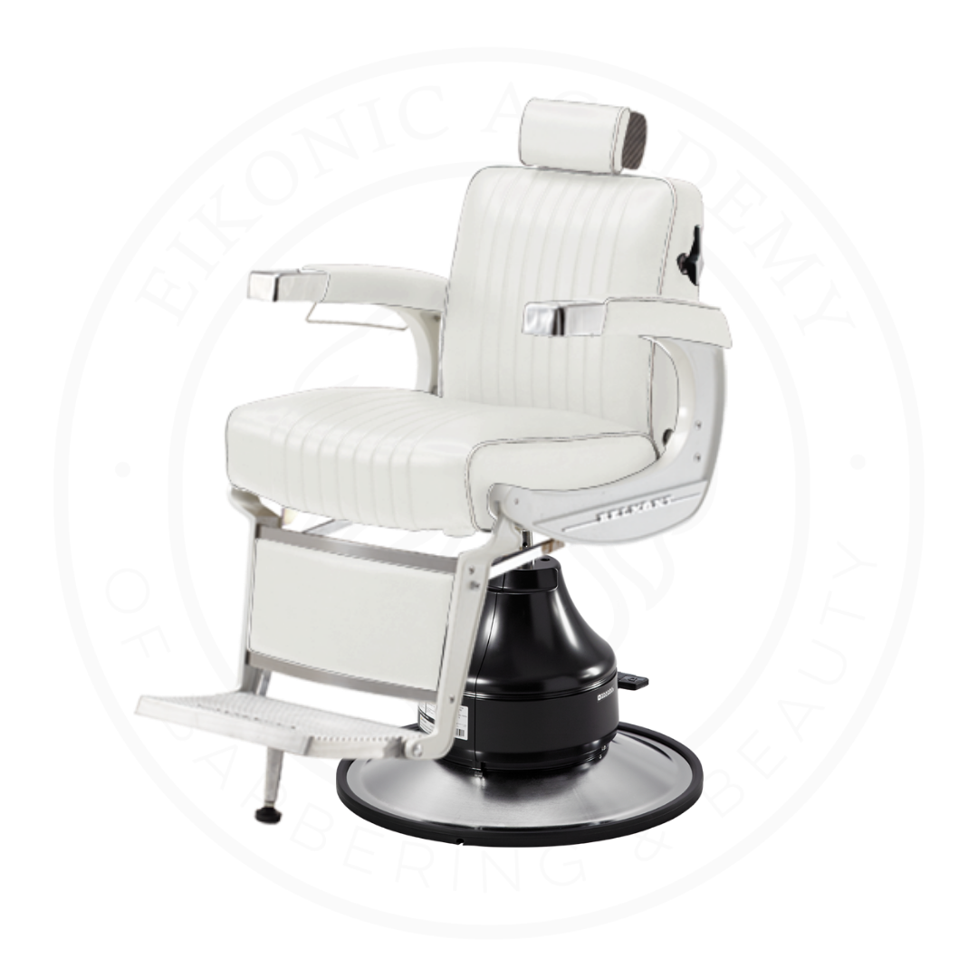 Takara Belmont Classic Elite White Barber Chair 225EW with Motorized Electric Black MEB Base