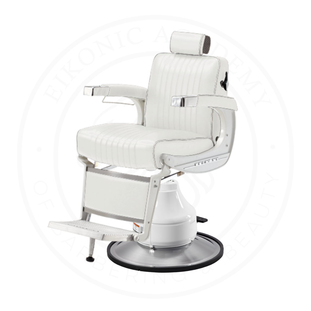Takara Belmont Classic Elite White Barber Chair 225EW with Motorized Electric White MEW Base