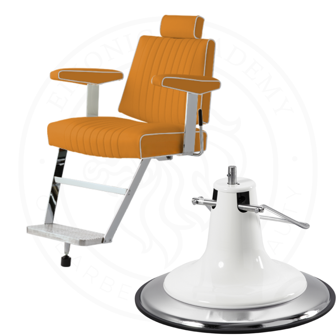 Front view of Takara Belmont 405 Barber Chair with Retro K Base, showcasing sleek, modern design.