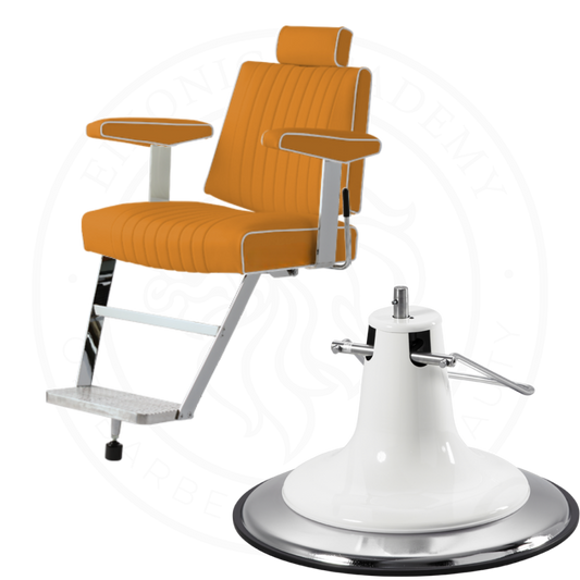 Front view of Takara Belmont 405 Barber Chair with Retro K Base, showcasing sleek, modern design.